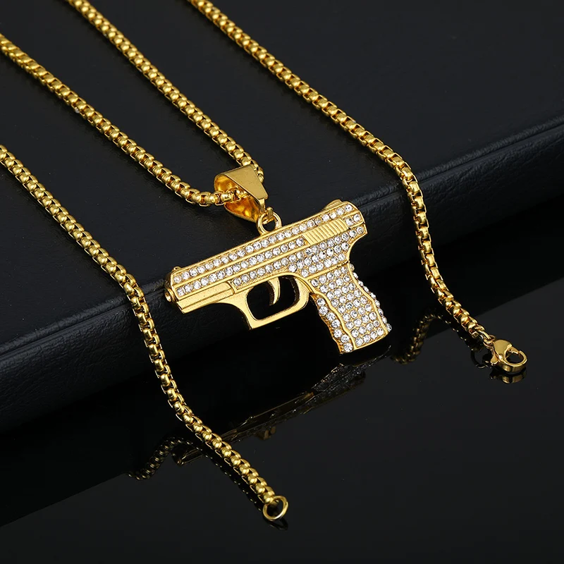 Hip Hop Bling Iced Out Stainless Steel Automatic Pistol Gun Pendants Necklace for Men Rapper Jewelry Gold Color