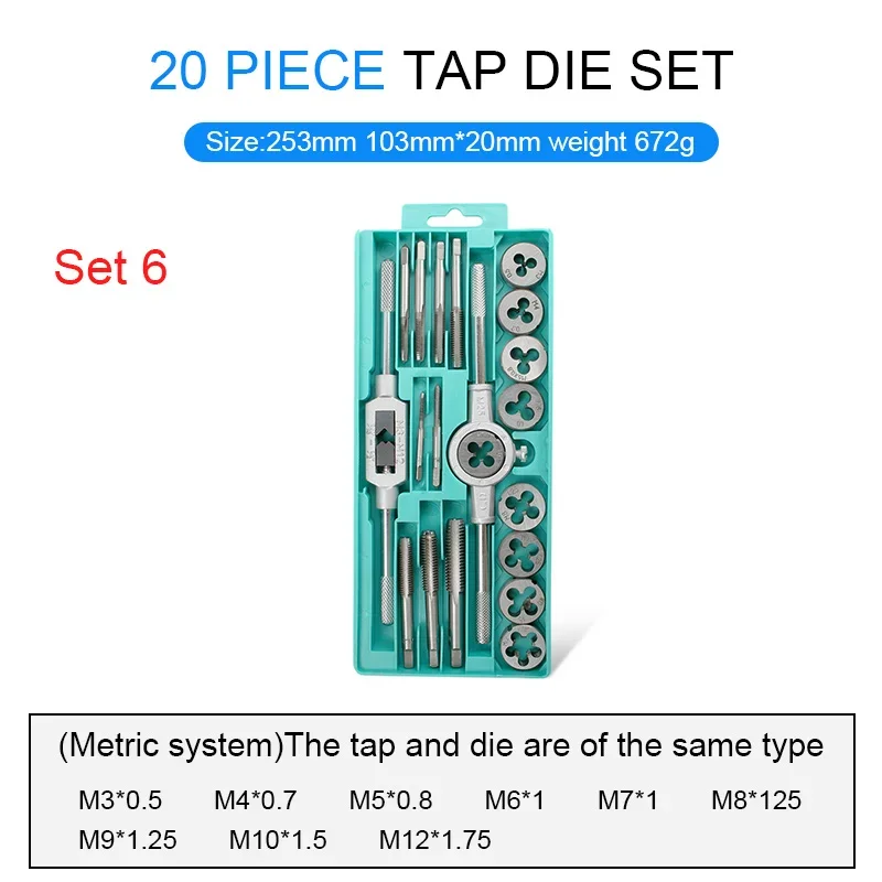 20 PCS/set HSS Tap and Die 12 Pcs/ Set Metric Wrench Thread Tools Threading Tool with Blue Case for Professional Metalworking