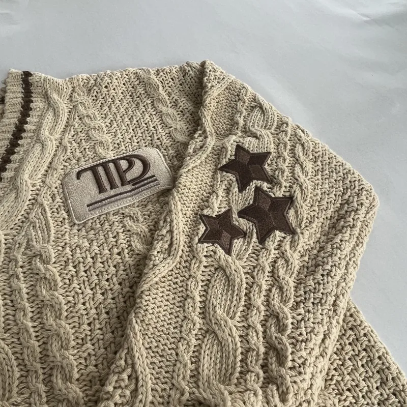 Autumn Fashion Star Embroidered Khaki Knitted Cardigan Women Sweater Y2k Winter Warm  Loose Fit Long Sleeves Holiday Cardigan