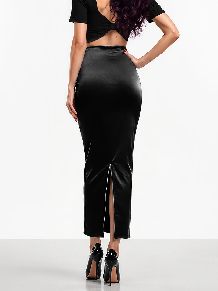 Ladies' New Material Matte Elastic Faux Leather Slim Pencil Skirts Office Women PU Leather Hem Zipper Slit Sexy Mid Skirt