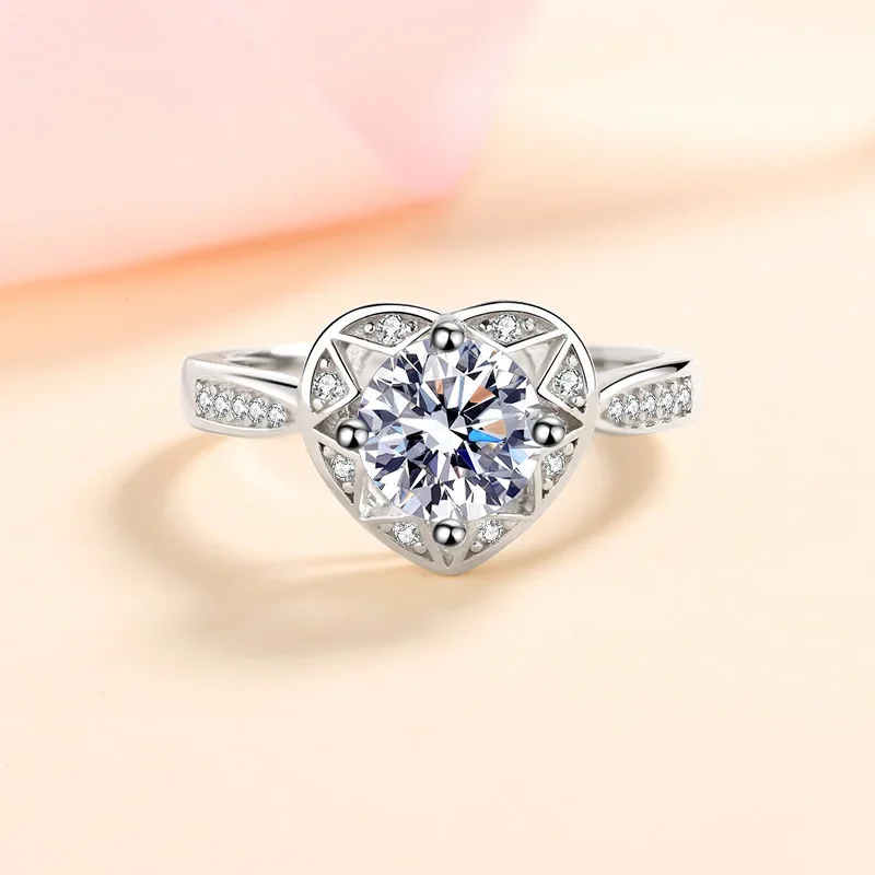 Luxury Women's Platinum Pt950 Star Wish Diamond Rings, 1 Carat Moissanite Heart-shaped Ring for Lover Wedding Fine Jewelry Gift