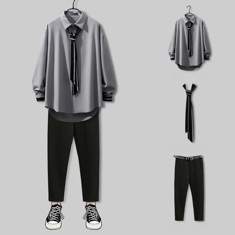 2025 New Spring Design Handsome Japanese Preppy Style Pants Suit Two pieces Solid Pants + Shirt Set Men