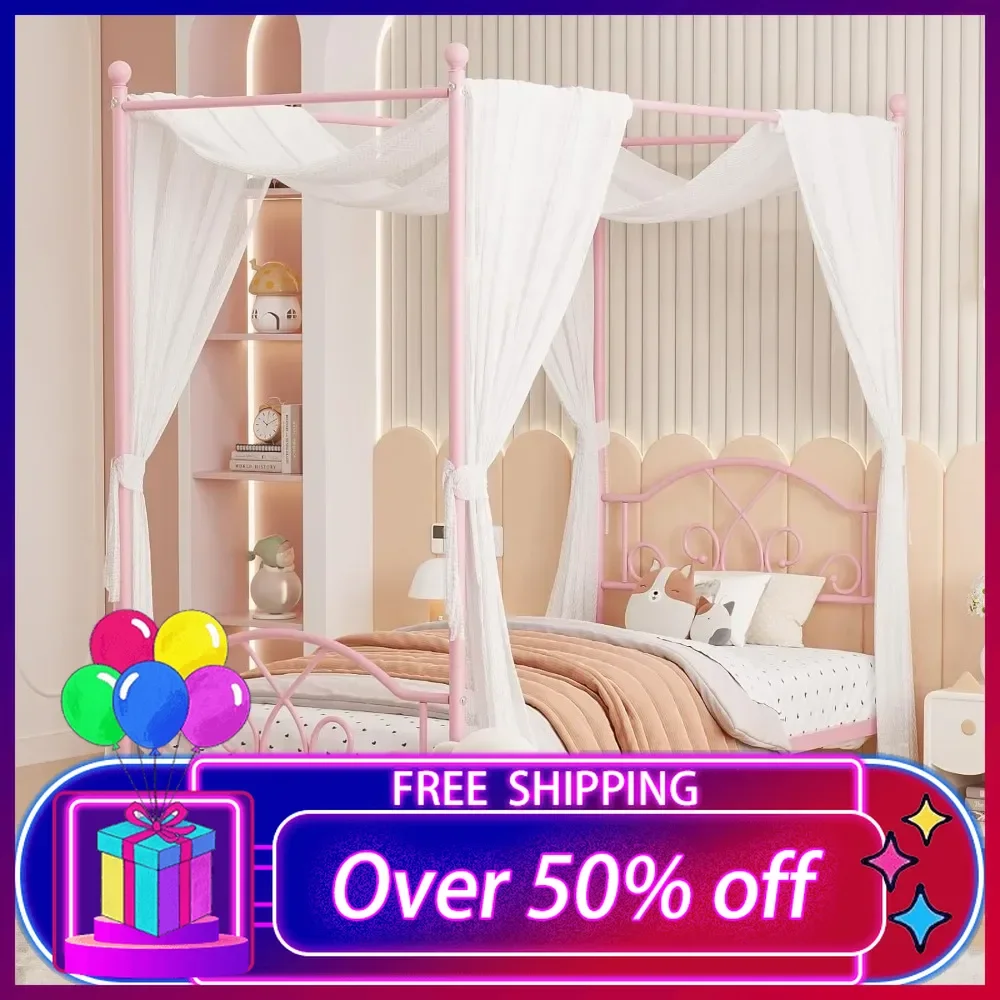 

Canopy Bed Frame with 4 Posters, Sturdy Metal Platform Mattress Foundation with Headboard&Footboard, Twin Size Bed for Kids