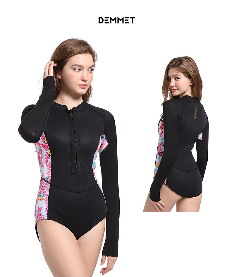 Custom Wholesale Women Diving Bikini Suit 1.5mm Neoprene Wetsuit Sun Protection Pink Long Sleeve Korean Printing Swimwear 2XL