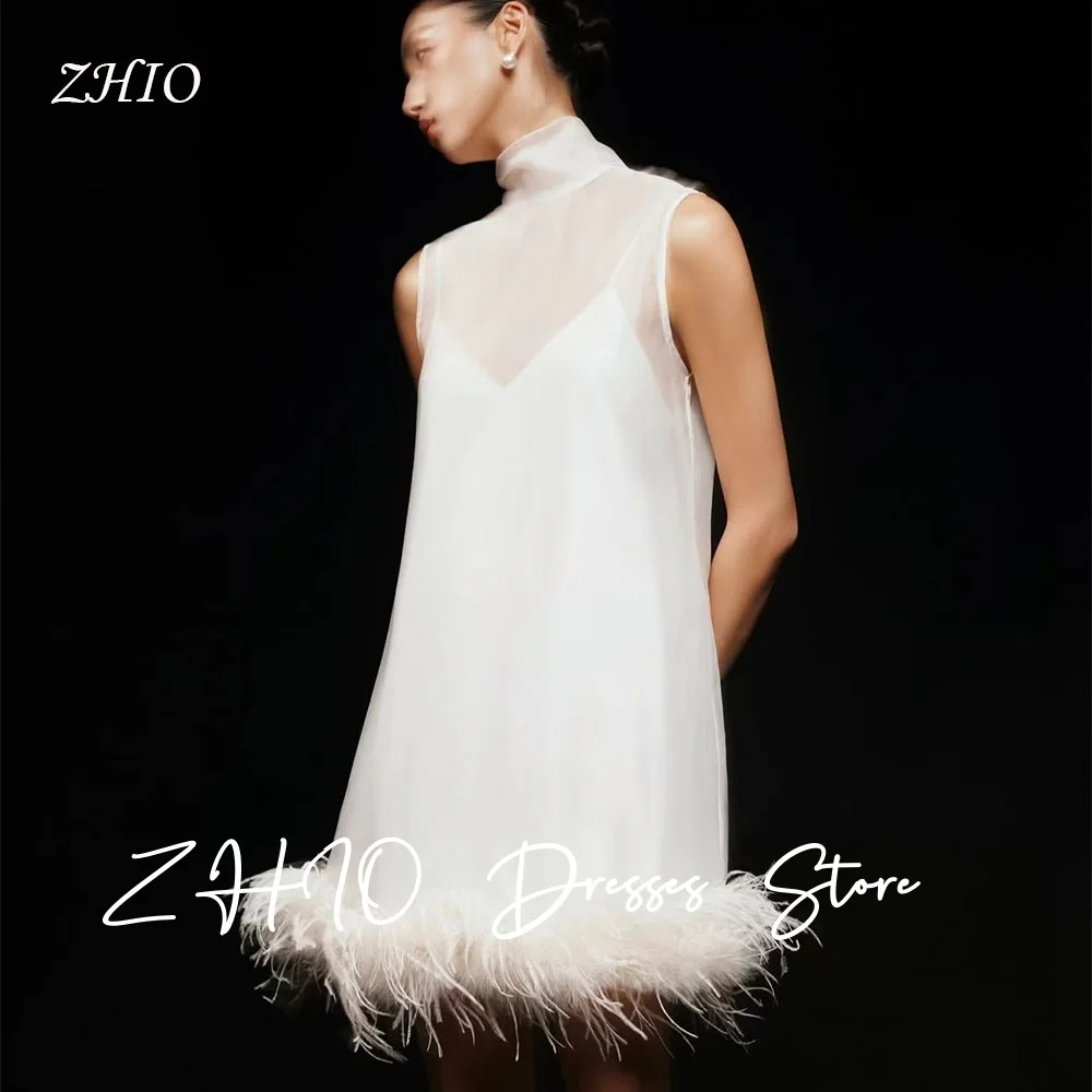 ZHIO Elegant Feathers Short Wedding Party Dress High Neck Sleeveless Bow Ribbons Organza Special Occasion Gown Customized 예복