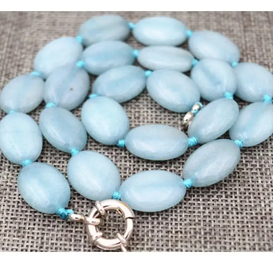 Fashion jewelry  New 13x18mm natural aquamarine Flat Oval Gemstone Beads Necklace 18inch AAA