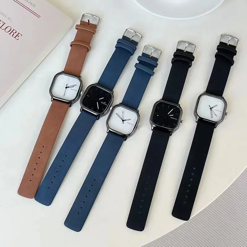 Montre à quartz minimaliste en cuir PU pour hommes et femmes, cadran carré simple, montre-bracelet d'affaires, horloge à quartz