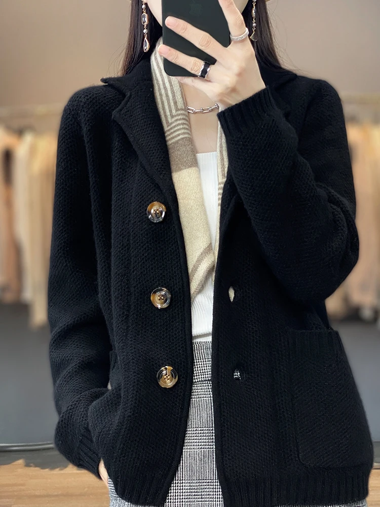 100% Merino Wool Cardigan Women\'s Suit Collar CashmereCoat Casual Knitting Thickened Jacket Fashion Korean Autumn Winter Tops