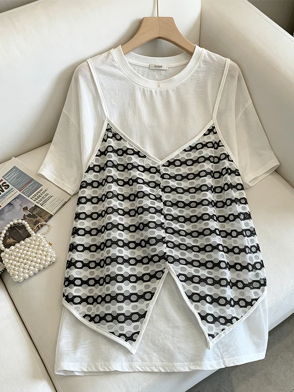 

Summer New plus Size Women's T-shirt Pure Style Fake Two-Piece Loose Fit Versatile Casual Short Sleeve round Neck Top