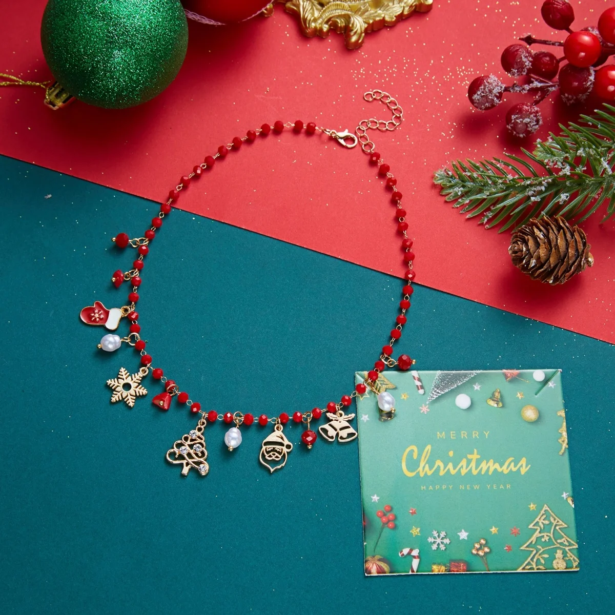 Weihnachtsbaum, Schneemann, Weihnachtsmann, Kranz, rote Kristall-Halskette für Damen und Herren, Weihnachten, Schneeflocken, Glocken, Hirsch, Halsband, Neujahrsschmuck – Detail 26