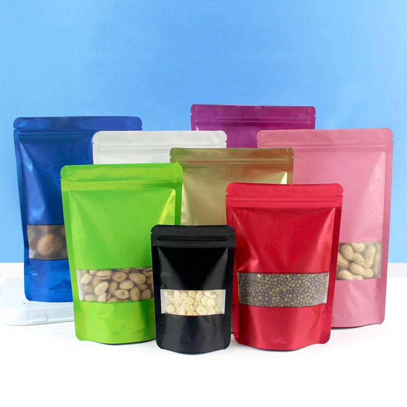 

100pcs Stand Up Aluminum Foil Window Zipper Packaging Bag Resealable DIY Snack Candy Sugar Tea Beaf Dates Nuts Storage Pouches