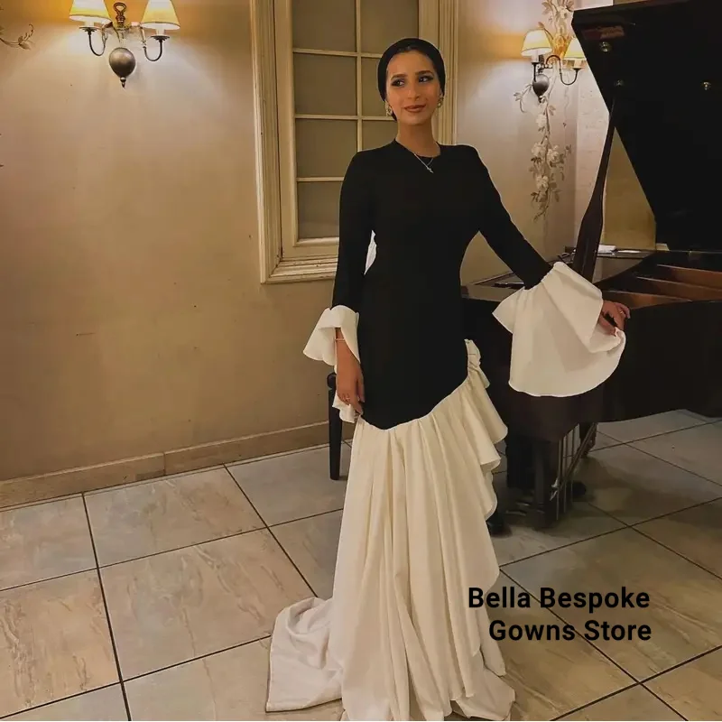

Elegant Black O-neck Prom Gown Women's White customized Long Sleeve Party Evening Dress Floor Length Formal Occasion Gowns