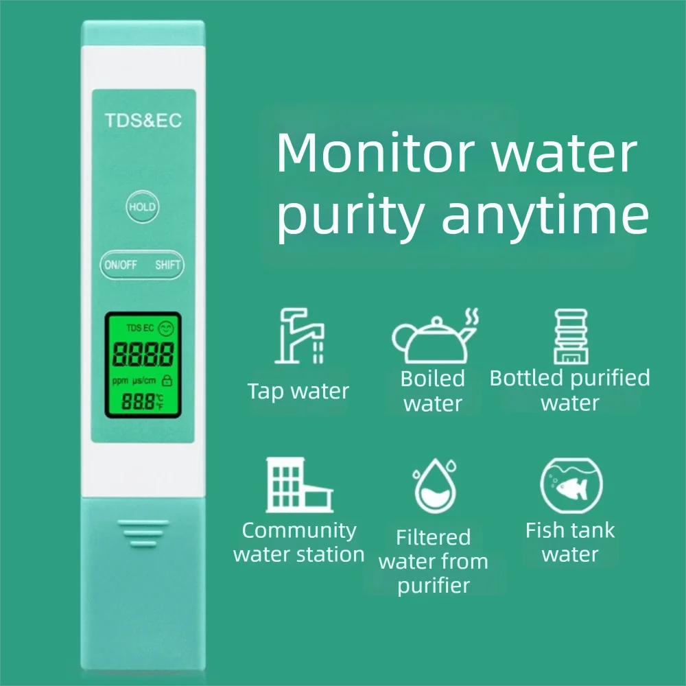3-In-1 Function Digital Water Quality Tester LCD Display Portable Design Temperature Meter Backlight Display Water Tester Pen