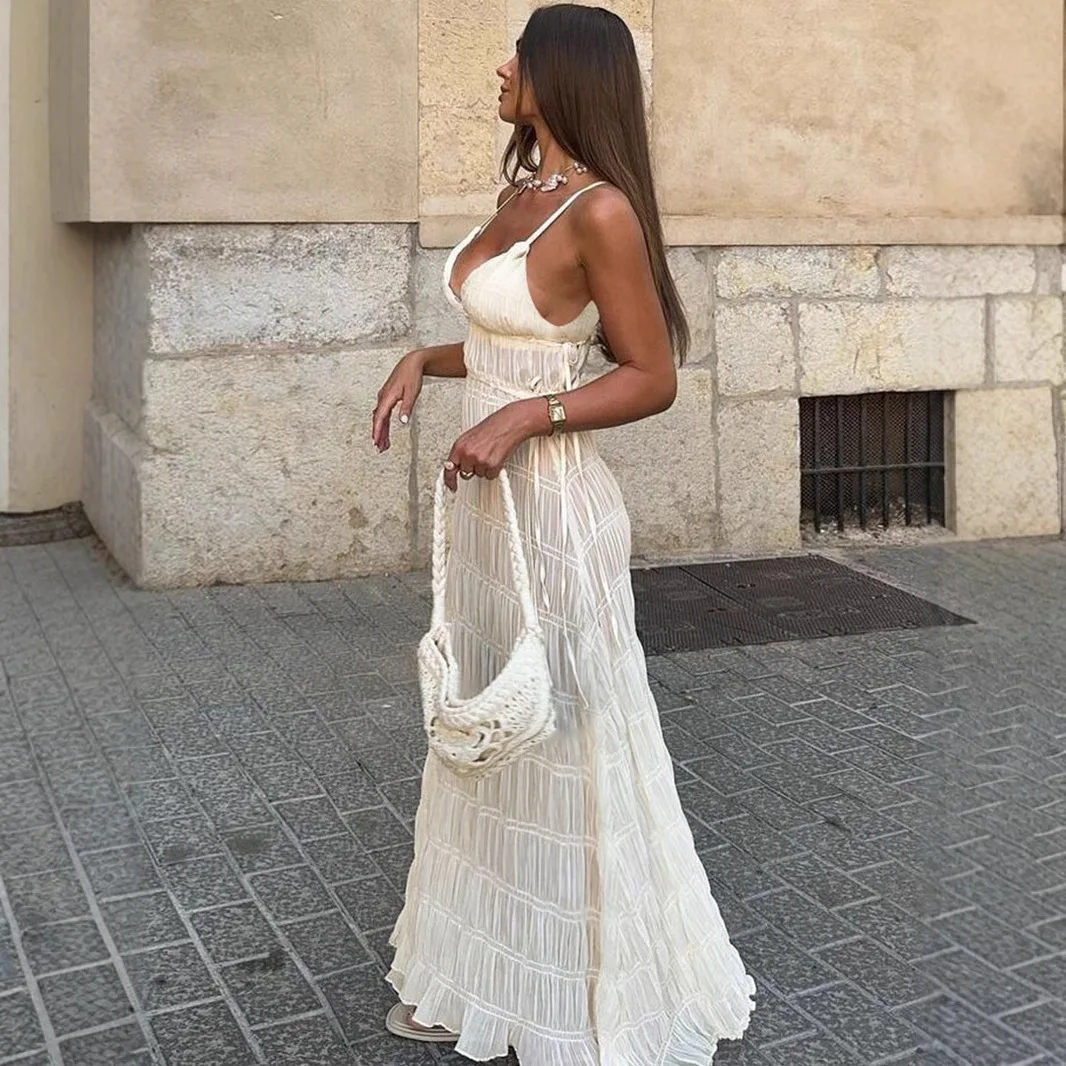 

Women Solid Dresses Camisole Ankle Length Sleeveless Dress Spliced Loose Fit Vestidos Slight Strech Beach Style Summer 2025