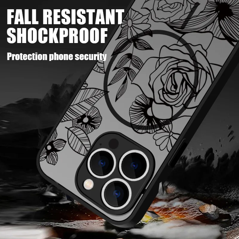 حافظة هاتف فلاور روز بلاك آرت، غطاء مغناطيسي رفيع لهاتف ابل ايفون 16 بلس برو ماكس #5