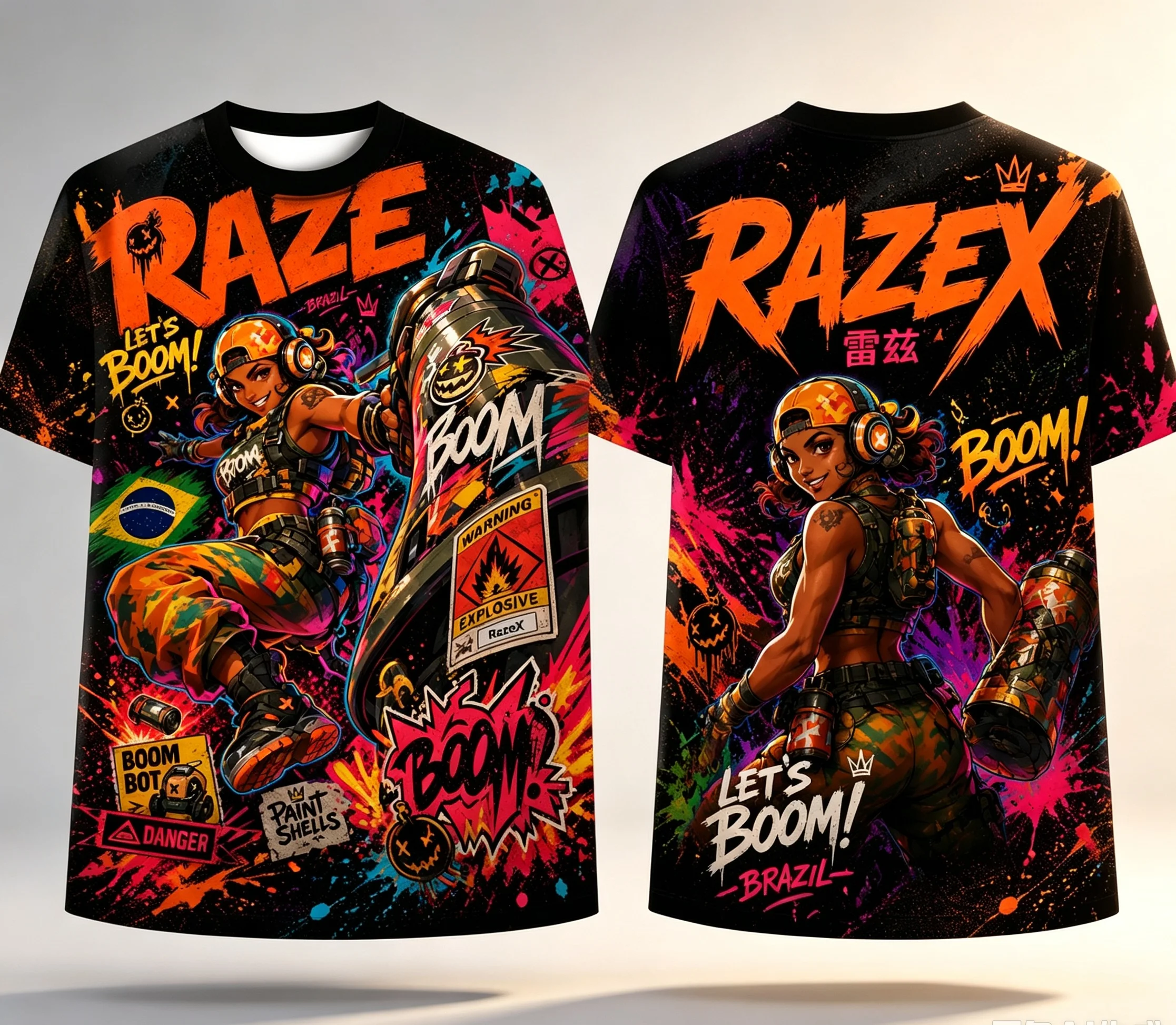 Raze Game Character 3D Full‑Print T‑Shirt Graffiti Boom Pattern Unisex Casual Short‑Sleeve Fan Tops