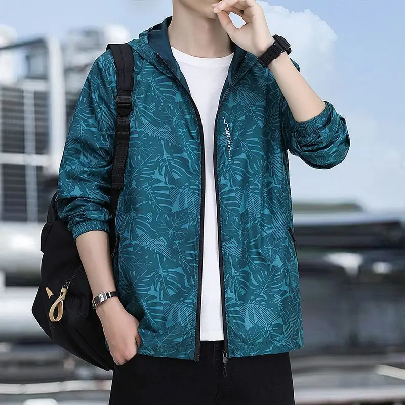 Summer Hooded Jacket Summer Men Quick-Dry Sun Protection Print Running Coat Casual Ultra-Light Breathable Loose Outdoor Clothing