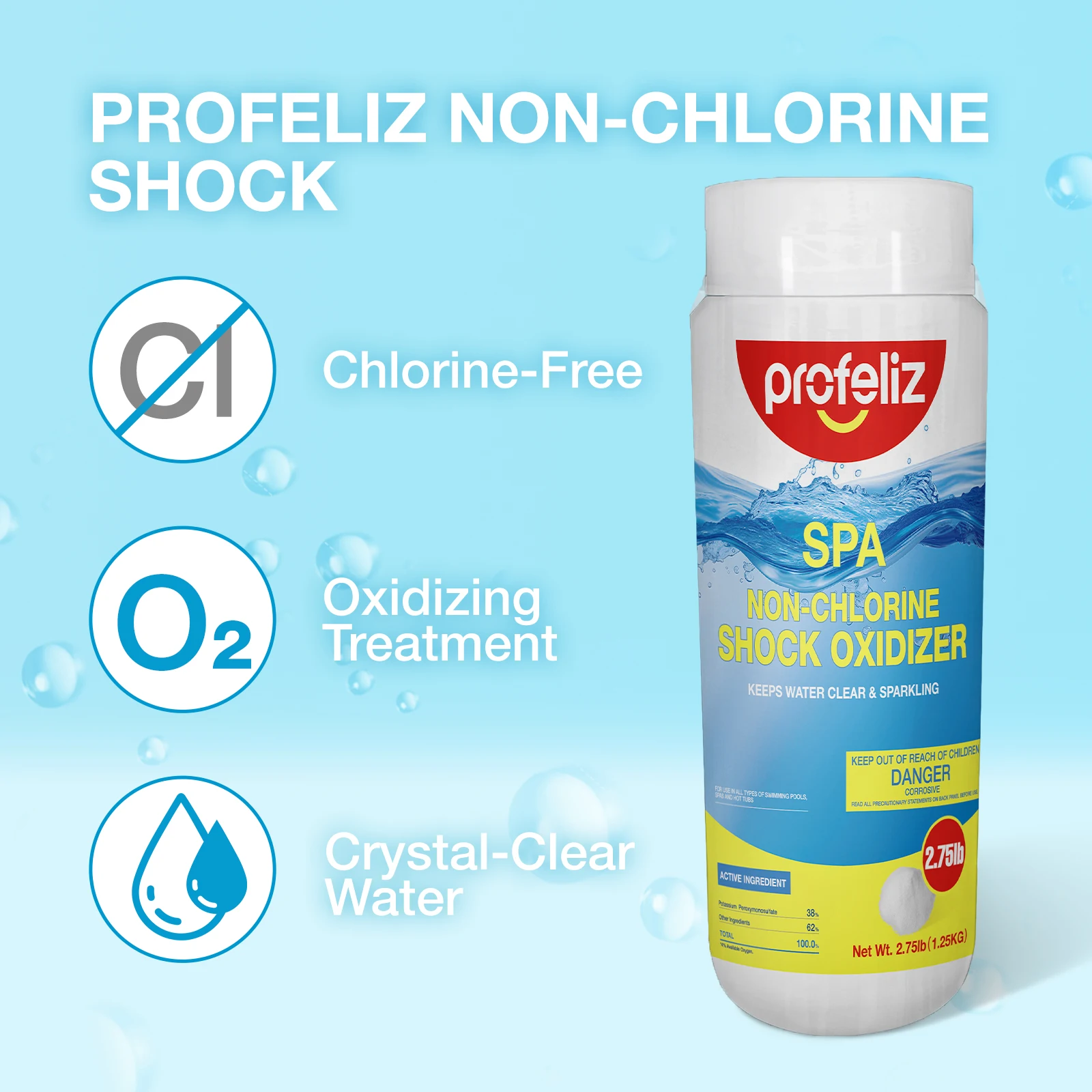 PROFELIZ Non-Chlorine Spa Shock for Hot Tub& Pool,Fast-Acting Chlorine-Free Oxidizer Treatment,Clear Cloudy Water,2 Packs, 5.5lb
