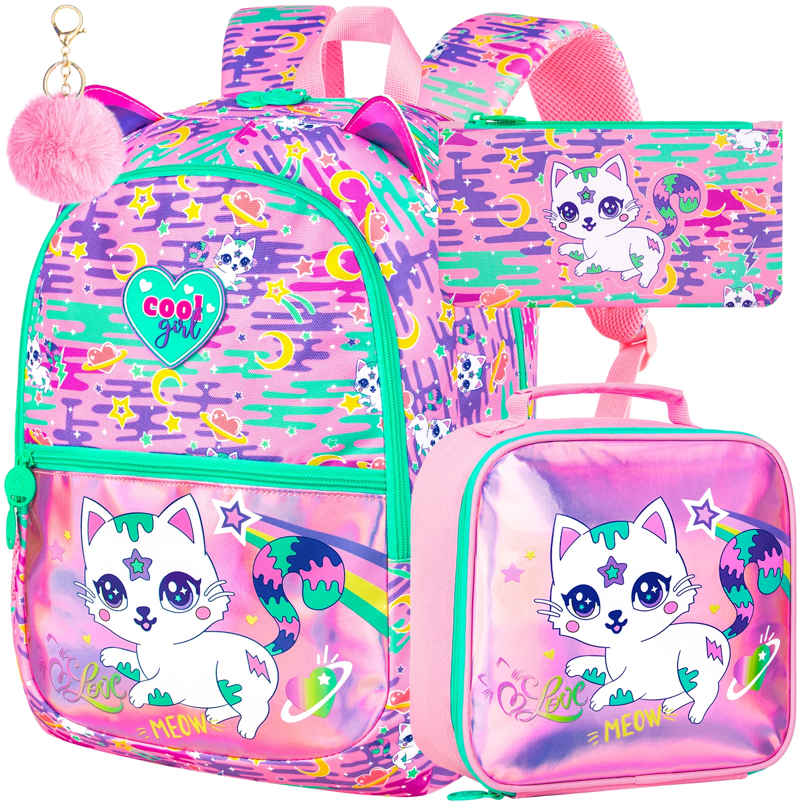 

3Pcs Cat Backpack for Girls, 16.5" Kids Bookbag with Lunch Box，Lightweight Backpacks Set for Kindergarten/Preschool/Elementary S