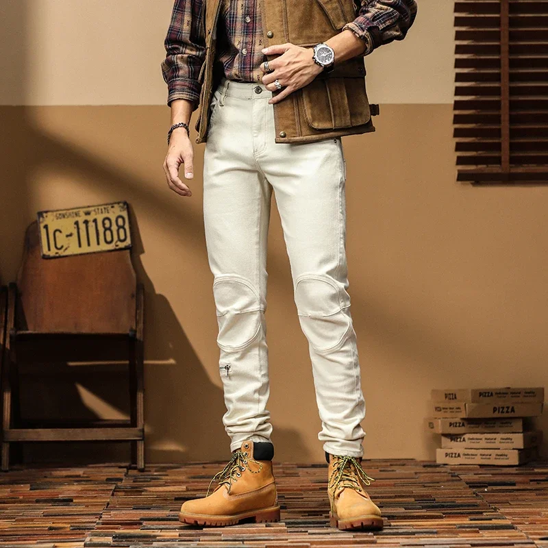 White Elastic Denim Men Streetwear Fashion Casual Slim Fit Vintage Motorcycle Jeans Pants Plus Size Boots Jeans Trousers