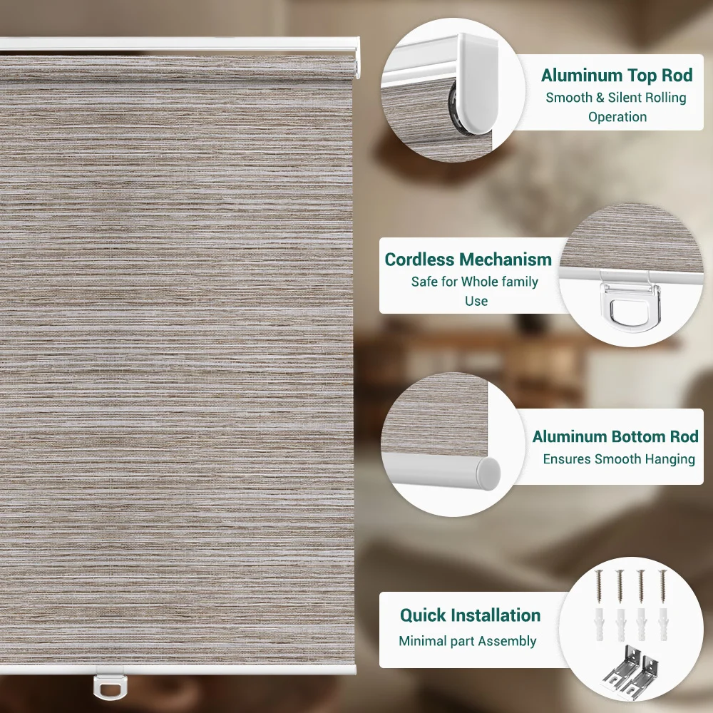 Custom Size Linen Texture Light Filtering Roller Blinds, Cordless Stop At Any Position Drill Mount Window Roller Shades for Home