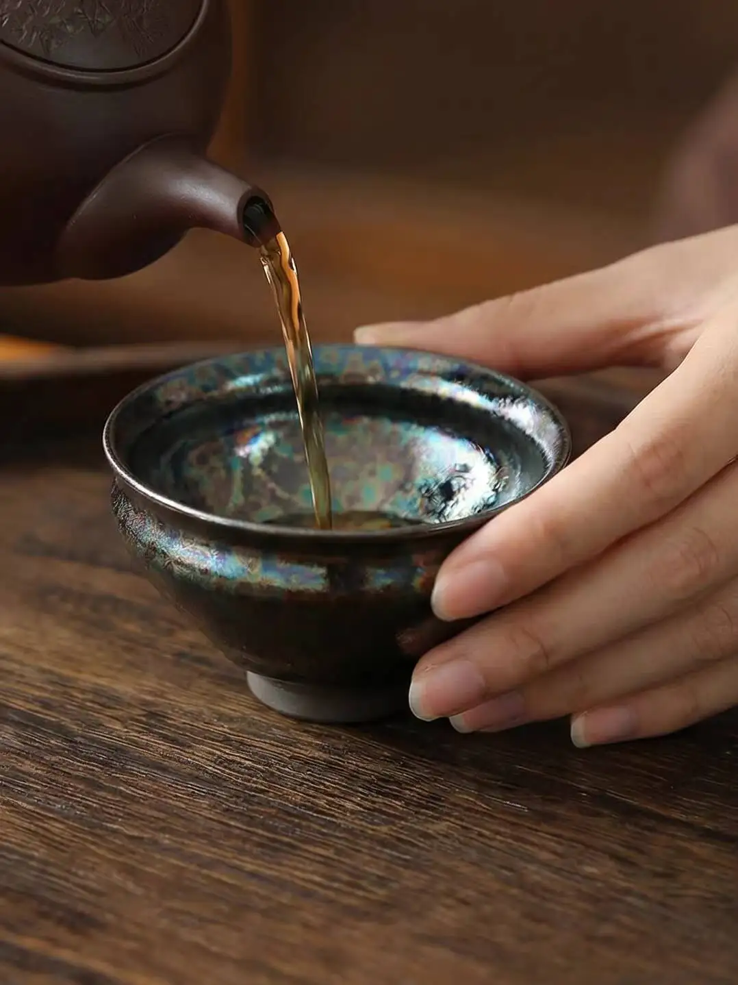 In-Stock Japanese Kiyomizu-Yaki Artist Shuji's Iridescent Glaze Master High-End Tea Ware Tasting Cup, Wooden Box Packaging