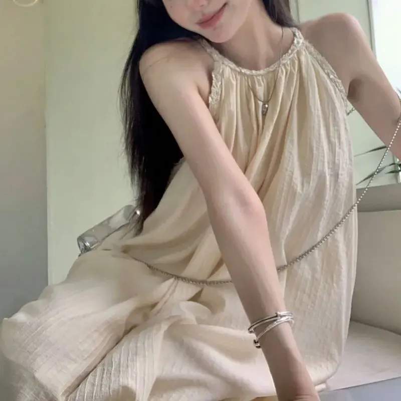 

2026 Summer French Style Halter Slip Long Dress Sleeveless Gentle Folds Female Clothing Solid Color Vacation Style Loose Dresses