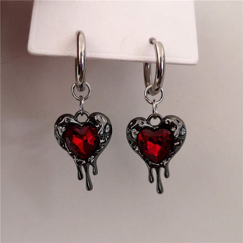 Gothic Vintage Aesthetic Y2k Red Heart Pendant Dangle Earrings For Women Stainless Steel Jewelry EMO Grunge Rave Accessories