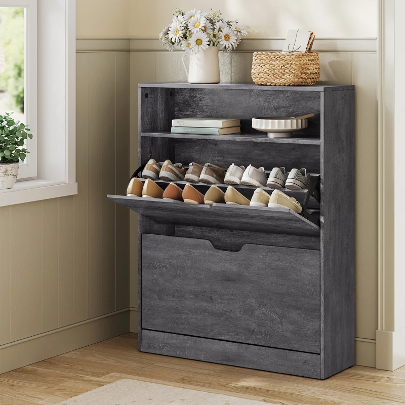 xx-Modern Space-Saving 2 Flip Drawers Shoe Cabinet White Slim Freestanding Shoe Storage Racks
