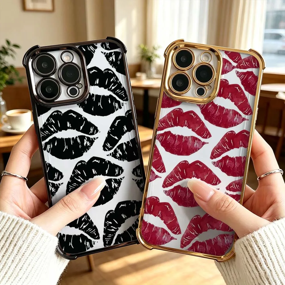 Red Painted Lips Pattern Cover For iPhone 18 17 Air 16 15 14 13 Pro Max Plus Electroplating Anti Fall Phone Case
