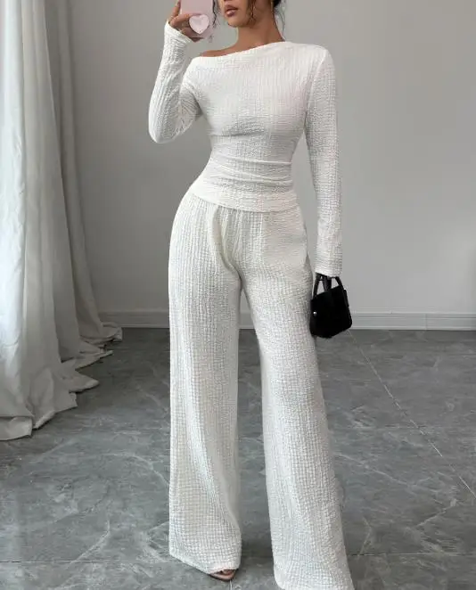 

Women's Clothing 2025 Autumn Winter Elegant Style Long Sleeved T-Shirt Straight Leg Pants Simple Retro Elegant Long Pants Set