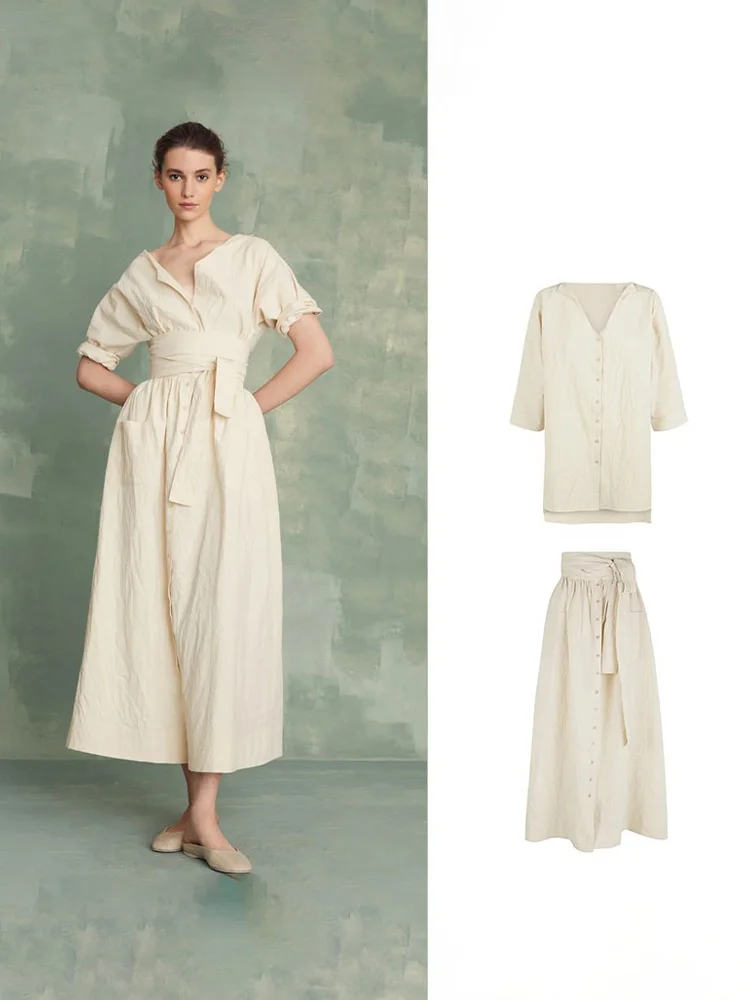 

Women's Cotton Linen irt Skirt Set Spring Summer Breathable V-Ne ort Sve Faionable Two-Piece Outfit Linen Blend