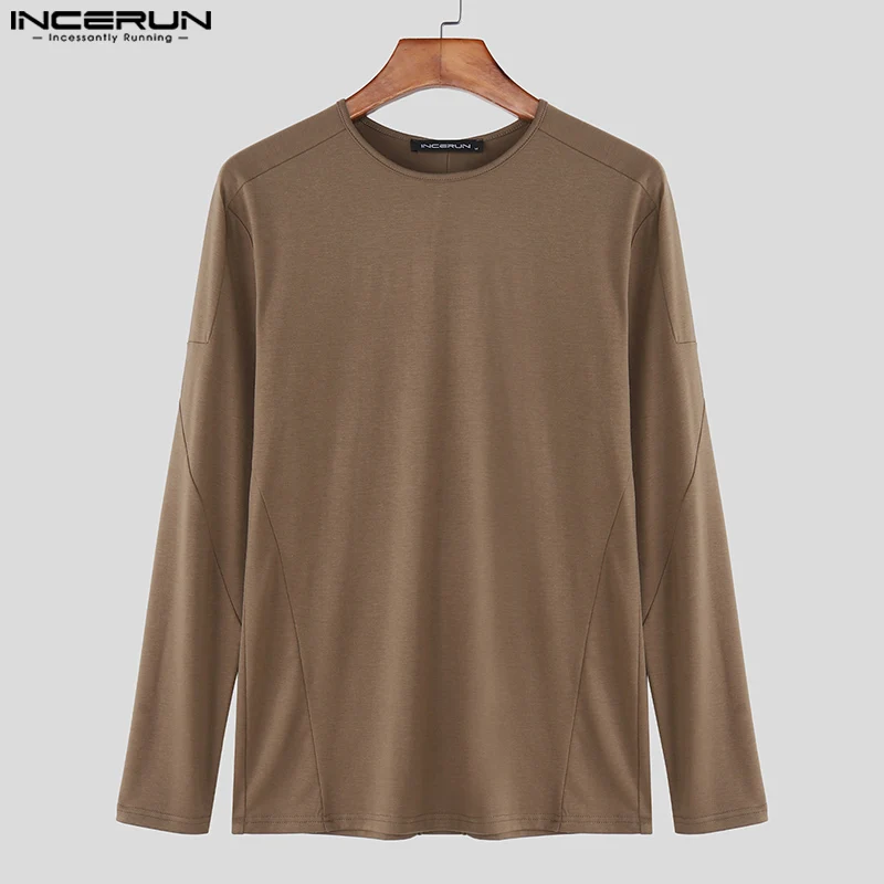 

INCERUN Men T Shirt Solid Color O-neck Long Sleeve Autumn Casual Male Tee Tops Streetwear 2025 Knitted Korean Style Men Clothing