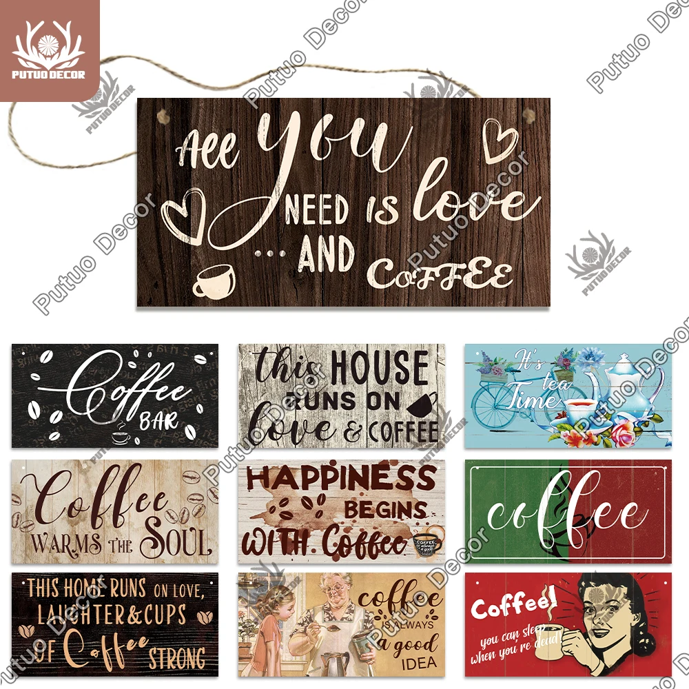 Putuo Dekor Kaffee Holzschilder Plakette Holzteller Vintage Wandkunst Hängeposter für Café Bar Küche Home Dekoration Geschenk