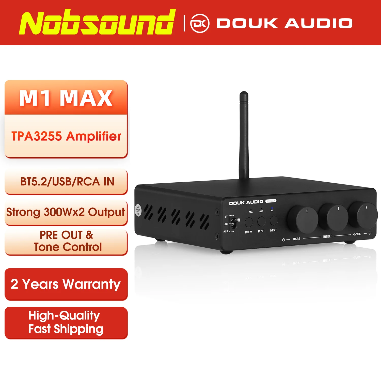 

Nobsound M1MAX HiFi Stereo Power Amplifier TPA3255 Chip Home Speaker Amp Bluetooth 5.1 Receiver 300W+300W