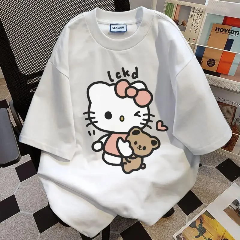 Miniso Hellokitty T-shirt Sanrio Kitcat 40-150kg Girl Women Thin Short Sleeves Loose Fit Pajamas Home Wears Outdoor Wear Clothes