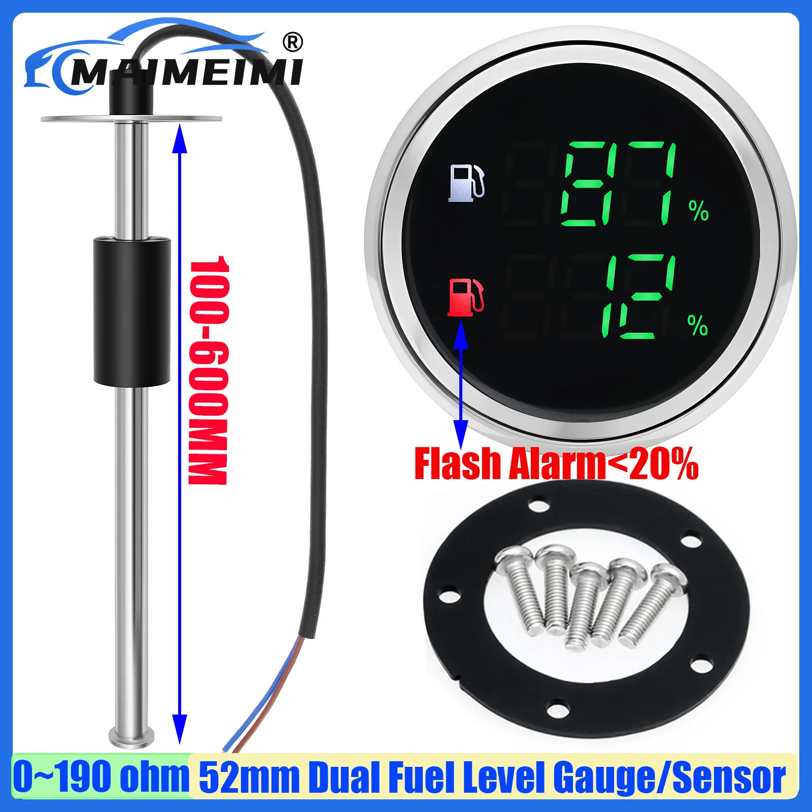 MAIMEIMI Dual Fuel Level Gauge with Flash Alarm Green LED Digital 52MM Oil Tank Meter 0-190ohm Fuel Level Sensor 100-550MM Boat