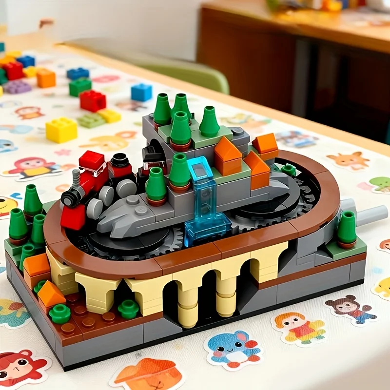 Alps Railway Assembly Building Block Model, Hand-Cranked Mini Train, Mixed Colors, Mini Railway Track Train Scene Gift, High-Quality Abs Material Toy, Ideal Birthday and Christmas Gift