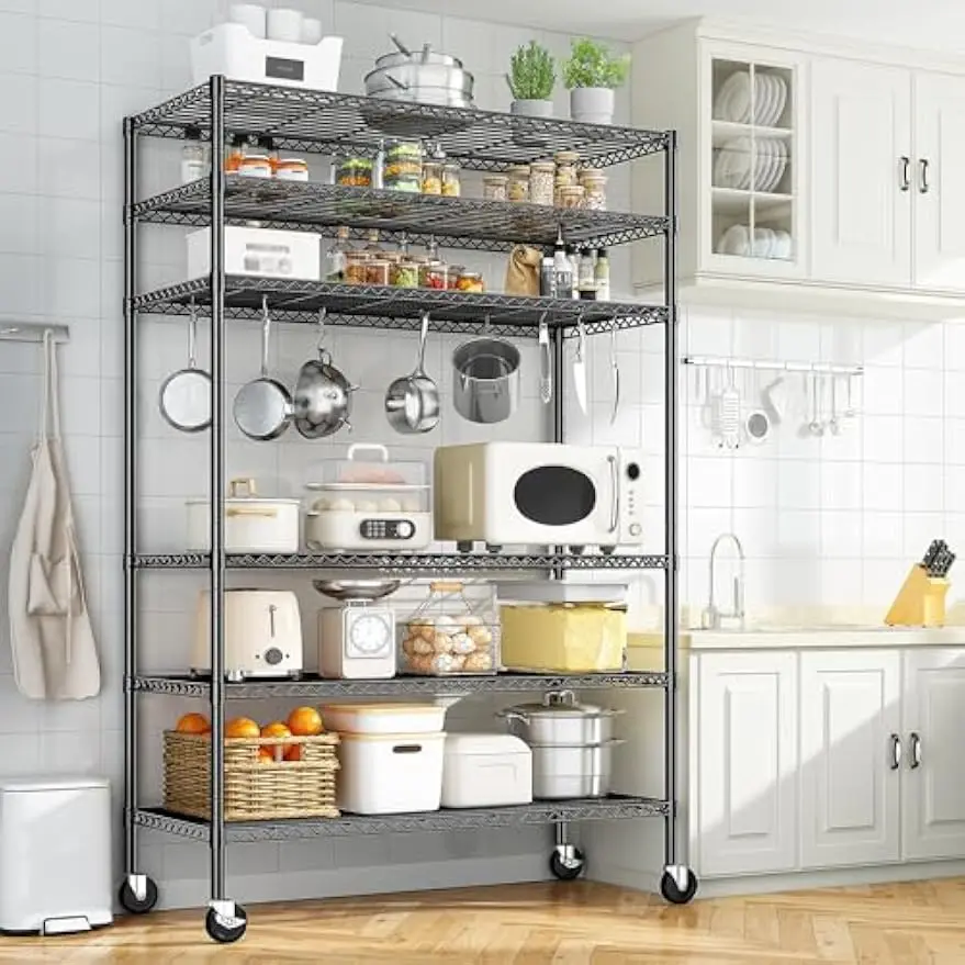 Heavy Duty Rolling Wire Shelving Unit Six Tier Locking Casters Adjustable Rust Proof Storage Garage Pantry Kitchen Basement