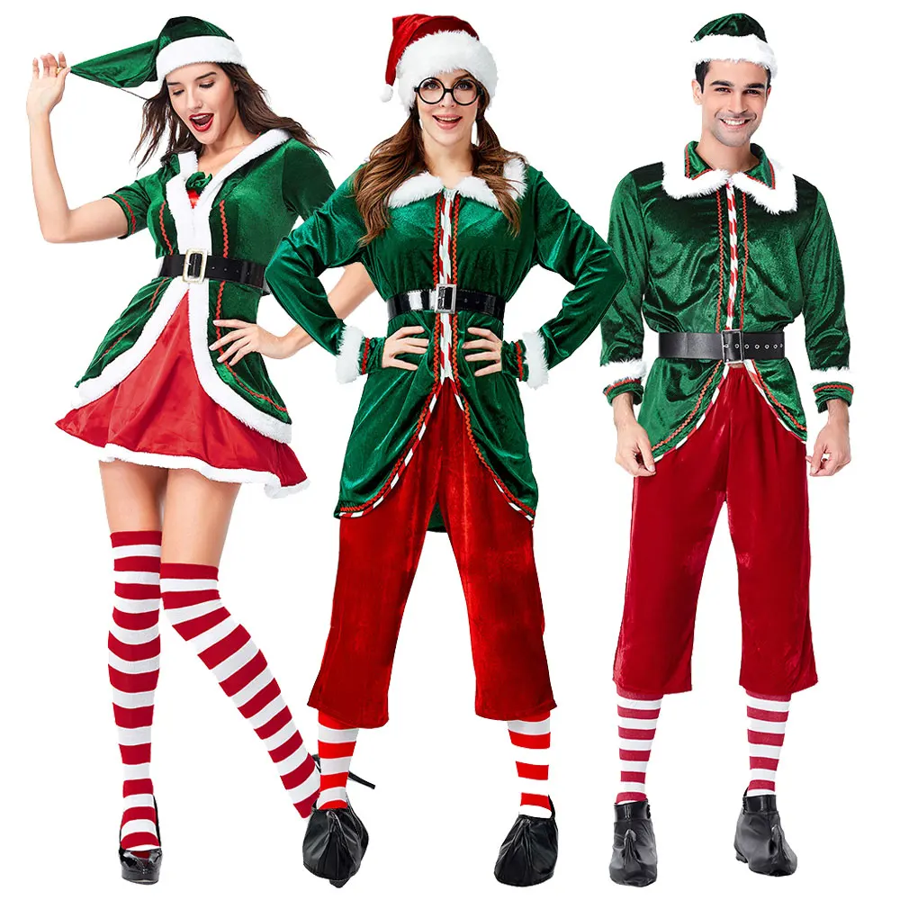 

Adult Christmas Santa Claus Costume Xmas New Year Carnival Party Cosplay Woman Man Green Elf Couple Claus Costume Suit