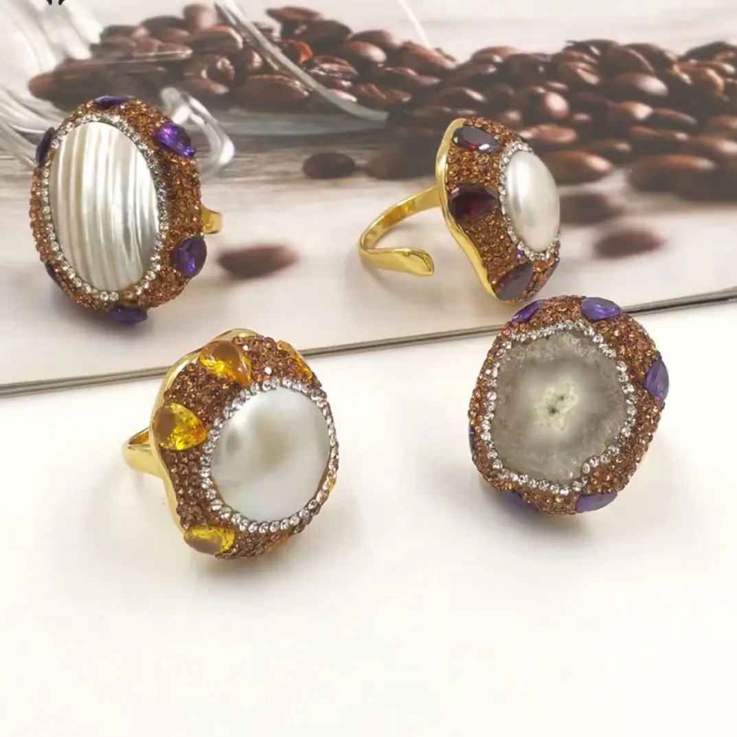

WT-MPR085 WKT 2023 New Arrivals Stelatite Quartz 18K Gold Plated Pearl Mabe Zircon Ring Adjustable Anniversary INS Jewelry
