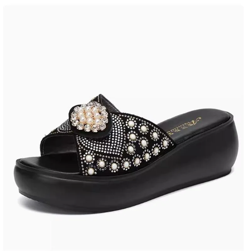 Slippers Woman Rhinestone Genuine Leather Summer Shoes Fashion Wedges Heels Sandals Women\'s Slides slipper Large Size 35--42