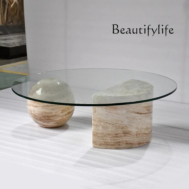 

Italian minimalist marble coffee table living room size light luxury simple designer round glass