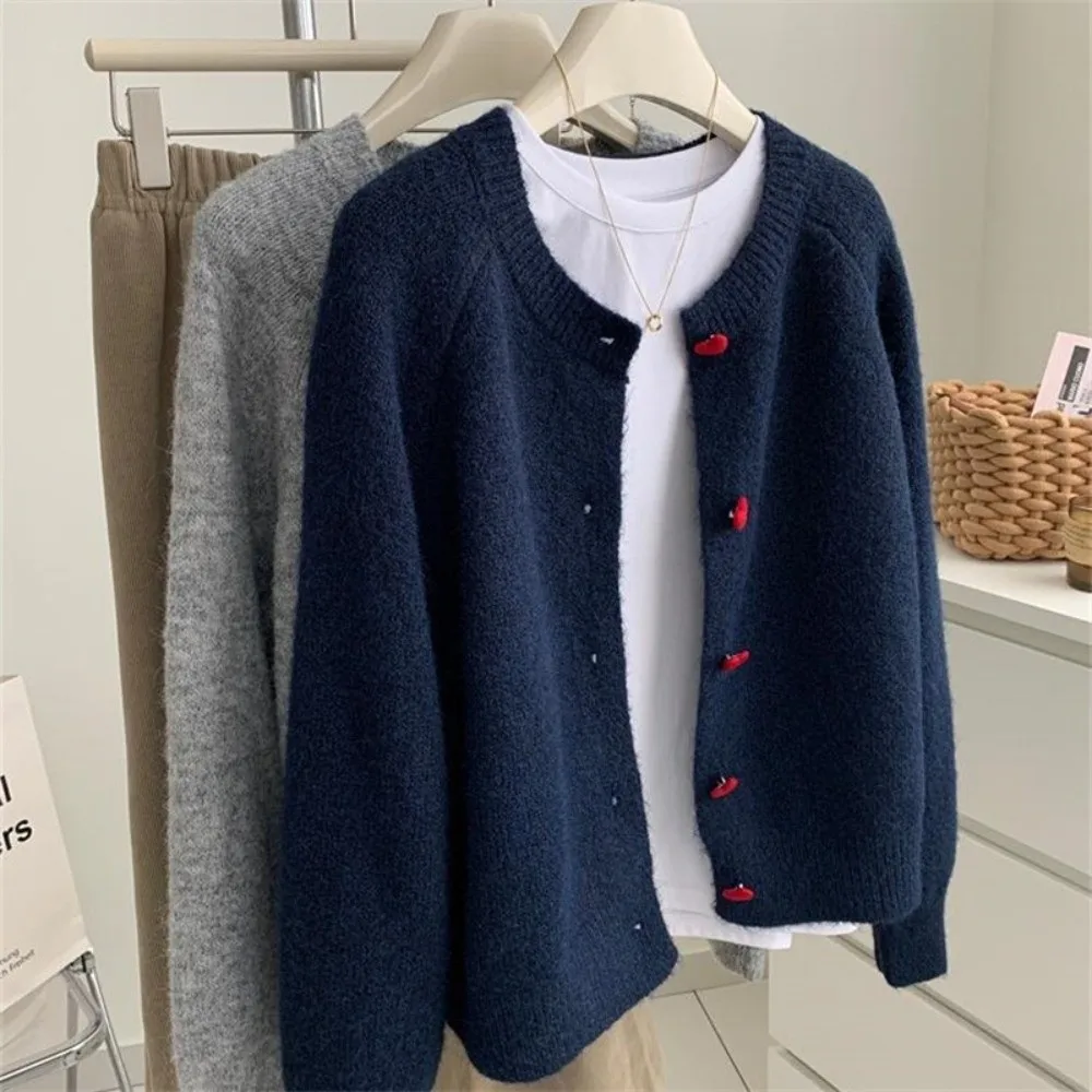 

New Warm Knitted Cardigan Love Buckle Slim Casual Tops Round Neck Sweater Women