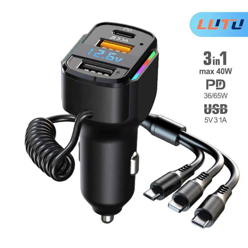 

LUTU USB Car Charger Quick Charge QC4.0 QC3.0 FCP AFC Type C Car USB Fast Charging 3 in 1 Fast Charging Cable For iPhone Huawei