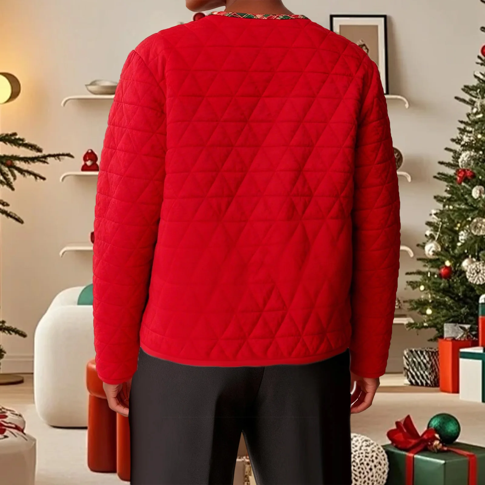 Christmas Women Quilted Jacket Festive Santa Claus Embroidery Long Sleeve Outerwear with 2 Heart Pockets