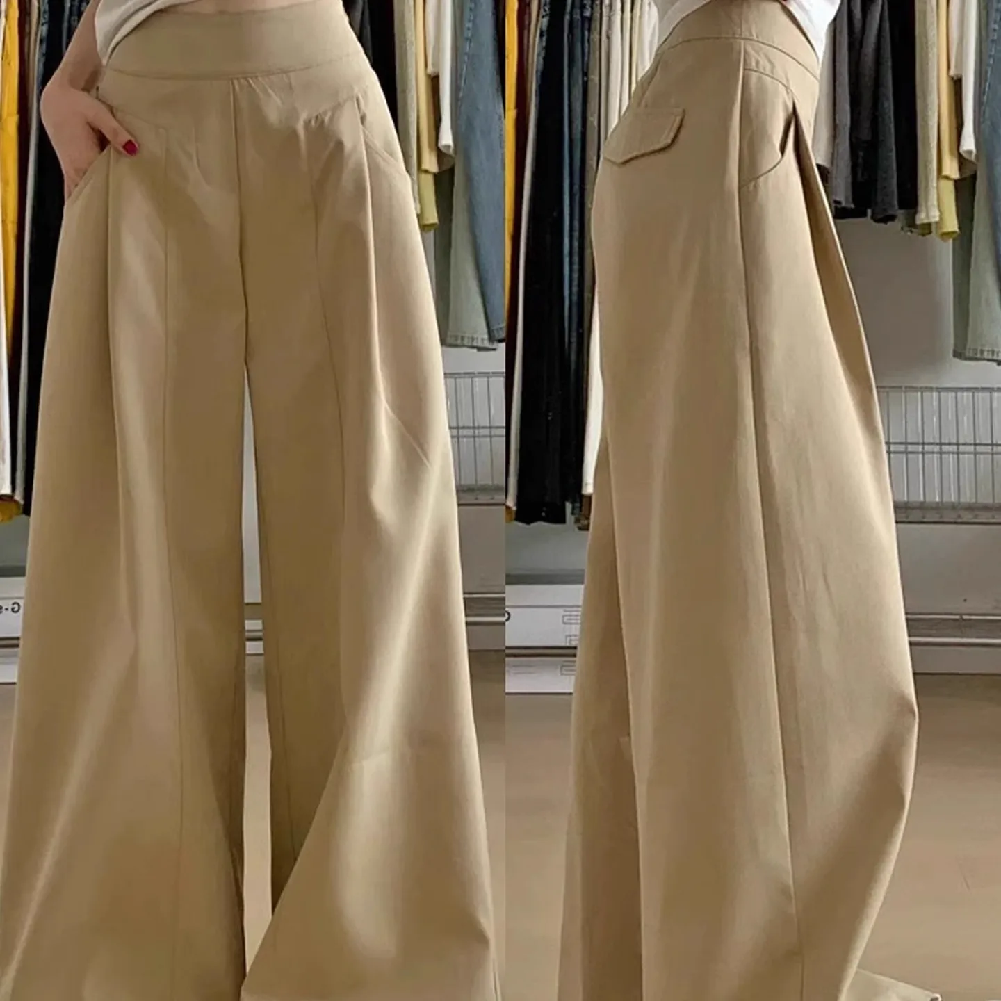 Khaki Casual Loose Straight Leg Pants Women's Low Waist Design Sensation High Street Style Wide Leg Suiting Trendy Girls