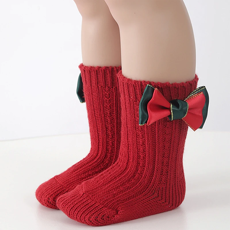 Christmas Toddler Baby Girl Socks 3D Bow Ribbed Warm Non-Slip Floor Slipper Socks Headband