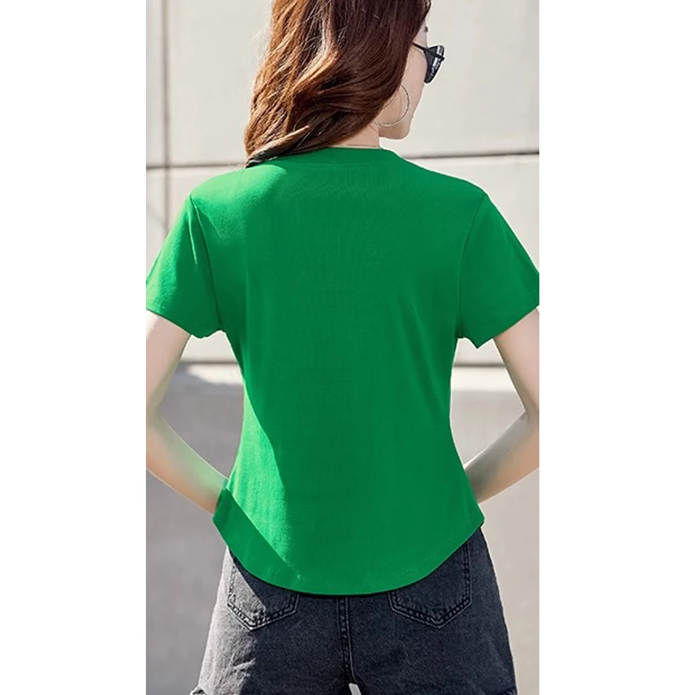 Korean version wine red short sleeved T-shirt for women's summer new fashion plus size fake two-piece V-neck short casual top