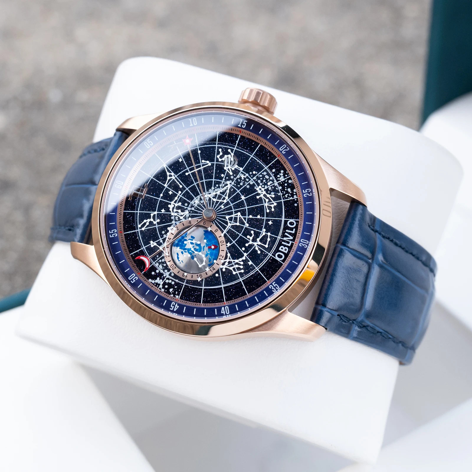 OBLVLO Mens Luxury Rose Gold Mechanical Watch Luminous Blue Dial with Crystal Bezel Leather Strap Earth Star Automatic Clock GC